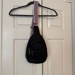 Black Sling Bag with Patterned Strap
